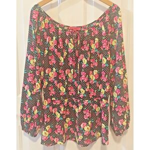 Betsey Johnson Women's L Floral Peasant Top Peplum Blouse Polka Dot Black Pink